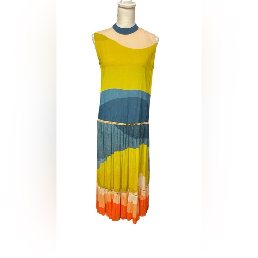 Colorblock Pleated Maxi Dress Yellow Blue Orange Sleeveless XS
